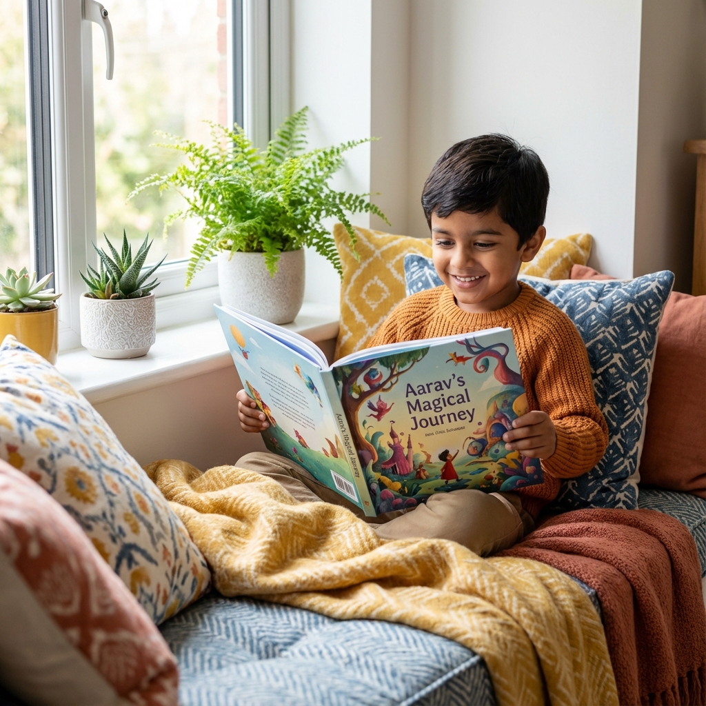 Happy child reading their personalized storybook